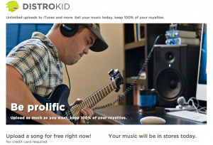 Distrokid homepage showing a musician playing guitar with headphones on