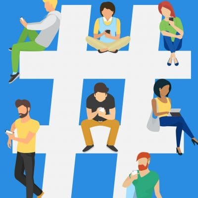 Illustration of people using devices sitting on hashtag mark